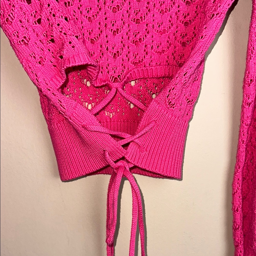 Lulus Always All Mine Pink Lace-Up Cropped Pointelle Sweater Size Small - Picture 6 of 7